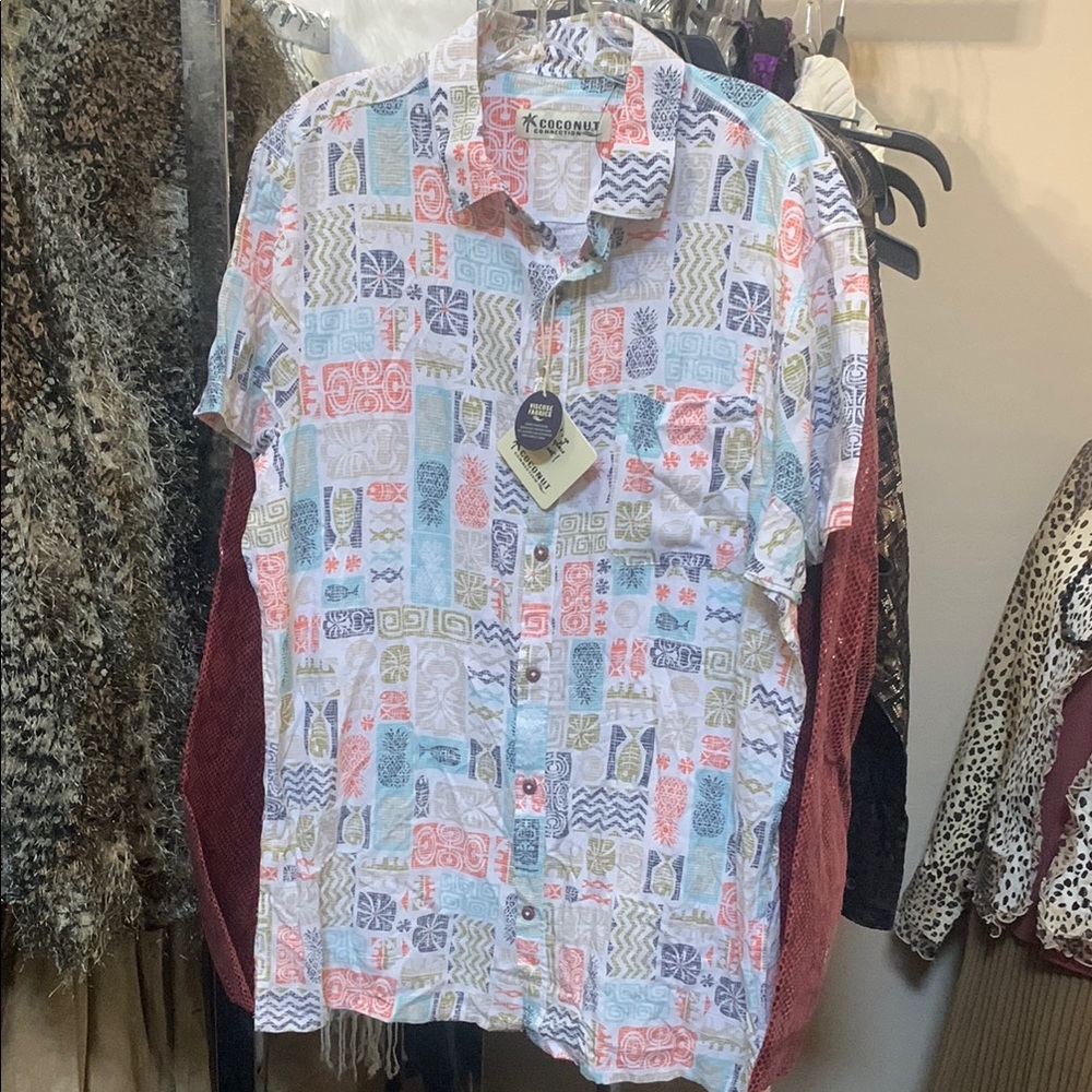 White and Blue Casual Button Down Shirt with Retro Pattern